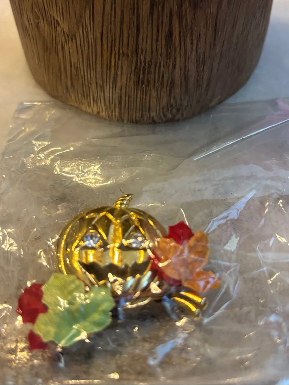 Avon Vintage Brooch, Gold Pumpkin with Silk  Multicolored Leaves, Crystal Eyes,